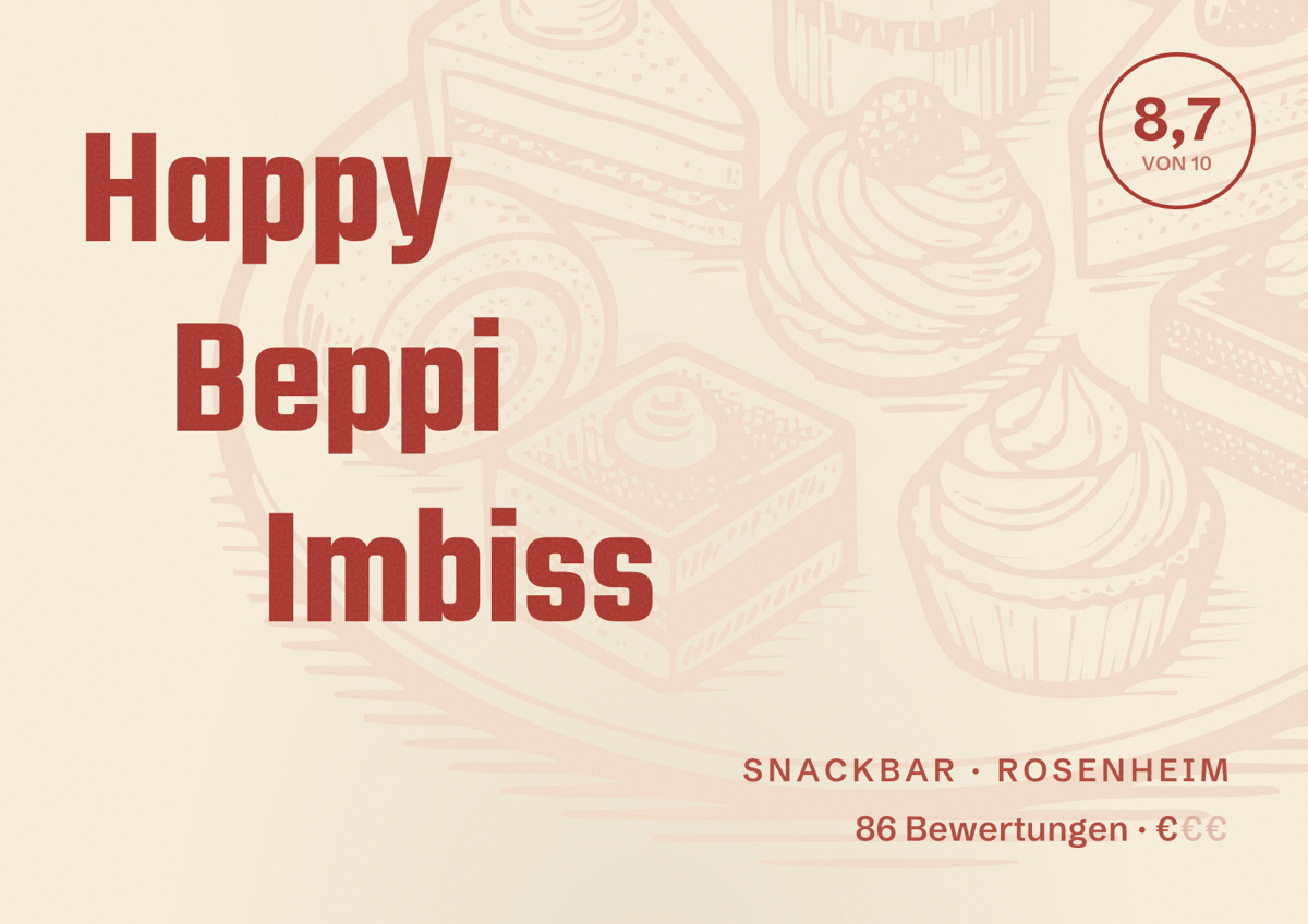 Illustriertes Poster von Happy Beppi Imbiss, Snackbar in Rosenheim: Bewertung 8,7 von 10 aus 86 Bewertungen, Preisniveau €