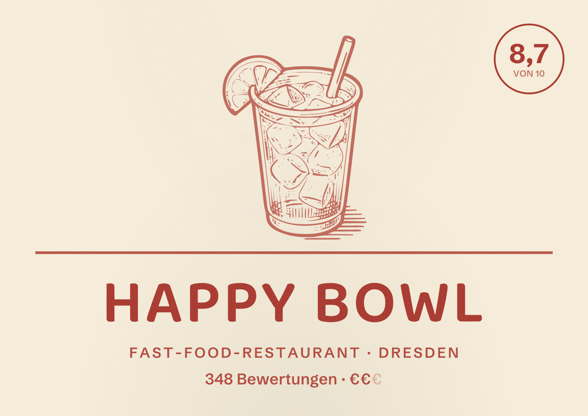 Illustriertes Poster von Happy Bowl, Fast-Food-Restaurant in Dresden: Bewertung 8,7 von 10 aus 348 Bewertungen, Preisniveau €€