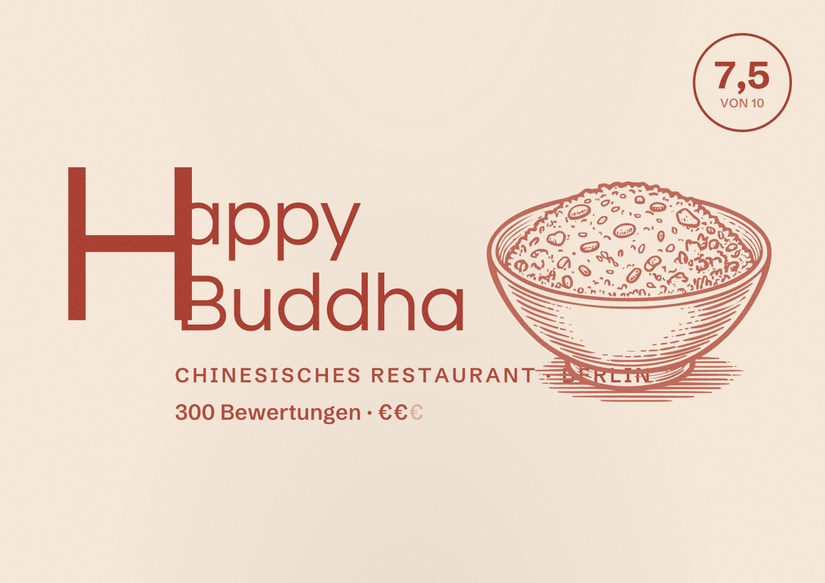 Illustriertes Poster von Happy Buddha, Chinesisches Restaurant in Berlin: Bewertung 7,5 von 10 aus 300 Bewertungen, Preisniveau €€
