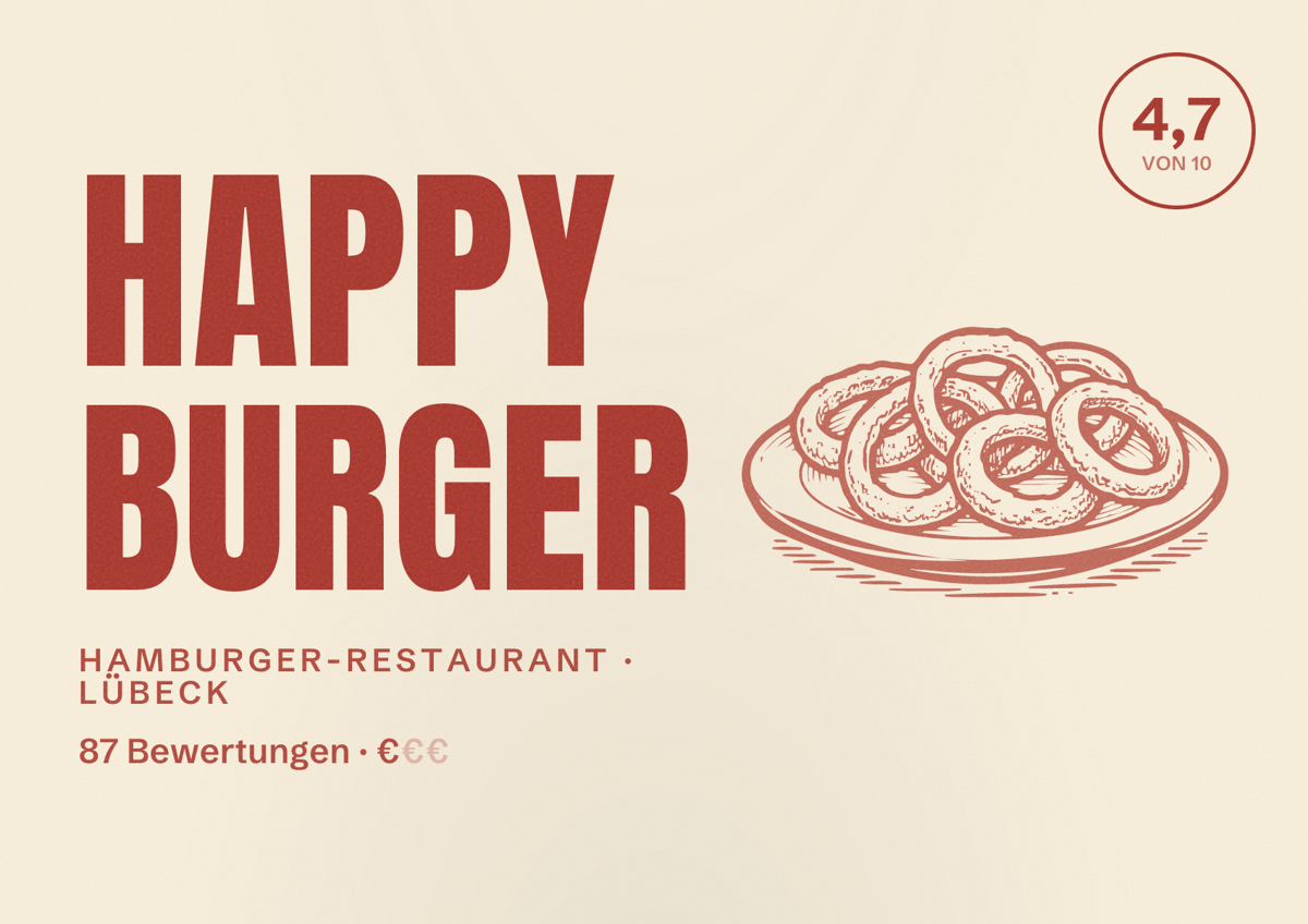 Illustriertes Poster von Happy Burger, Hamburger-Restaurant in Lübeck: Bewertung 4,7 von 10 aus 87 Bewertungen, Preisniveau €