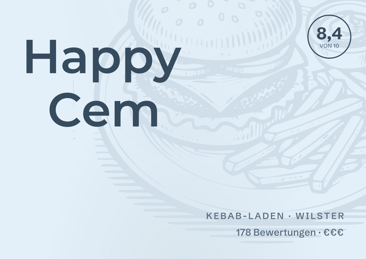 Illustriertes Poster von Happy Cem, Kebab-Laden in Wilster: Bewertung 8,4 von 10 aus 178 Bewertungen, Preisniveau €€€