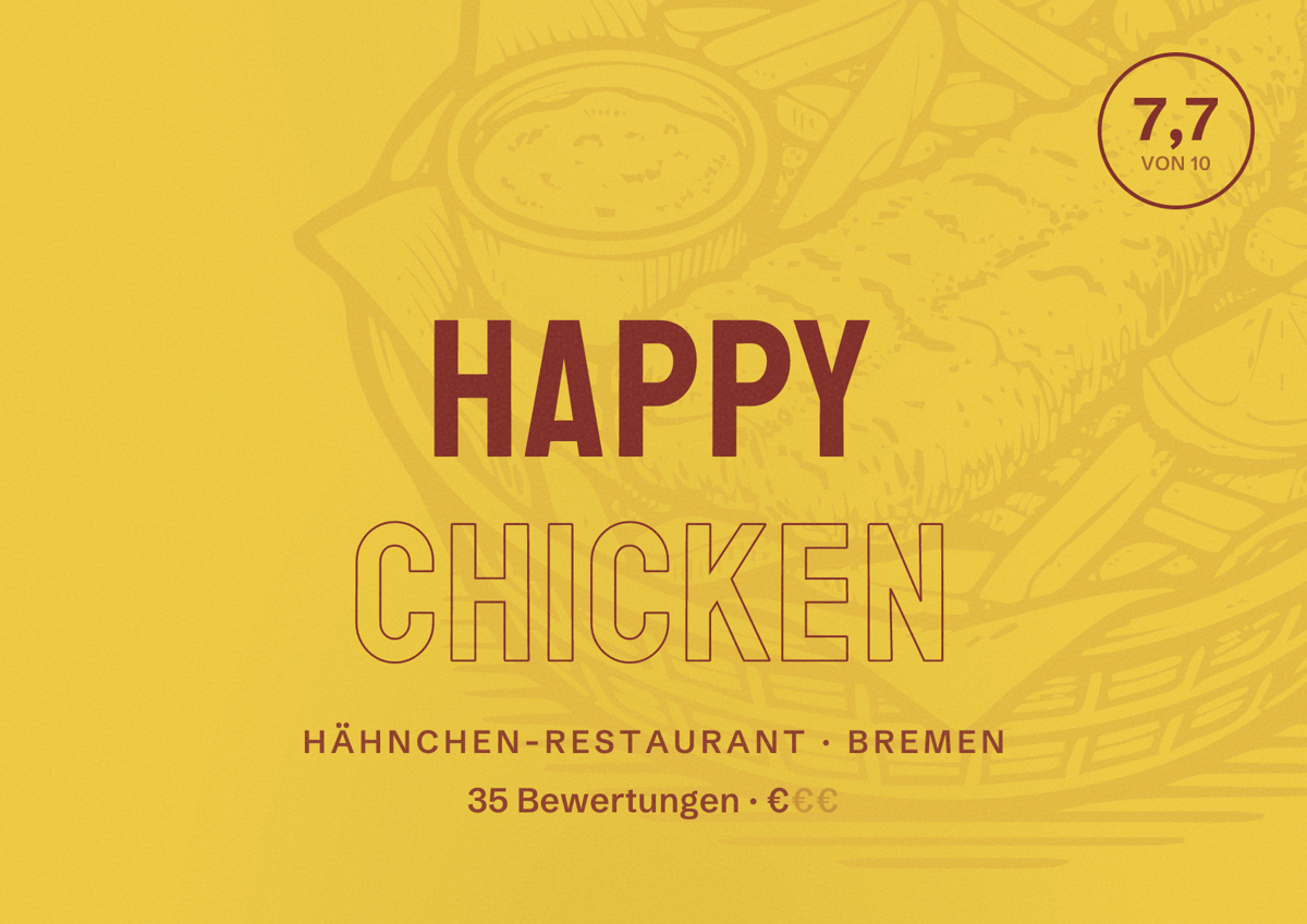 Illustriertes Poster von Happy Chicken, Hähnchen-Restaurant in Bremen: Bewertung 7,7 von 10 aus 35 Bewertungen, Preisniveau €