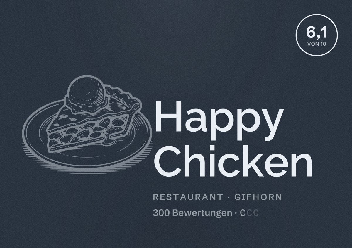 Illustriertes Poster von Happy Chicken, Restaurant in Gifhorn: Bewertung 6,1 von 10 aus 300 Bewertungen, Preisniveau €