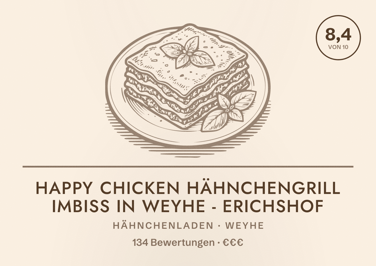 Illustriertes Poster von Happy Chicken Hähnchengrill Imbiss in Weyhe - Erichshof, Hähnchenladen in Weyhe: Bewertung 8,4 von 10 aus 134 Bewertungen, Preisniveau €€€