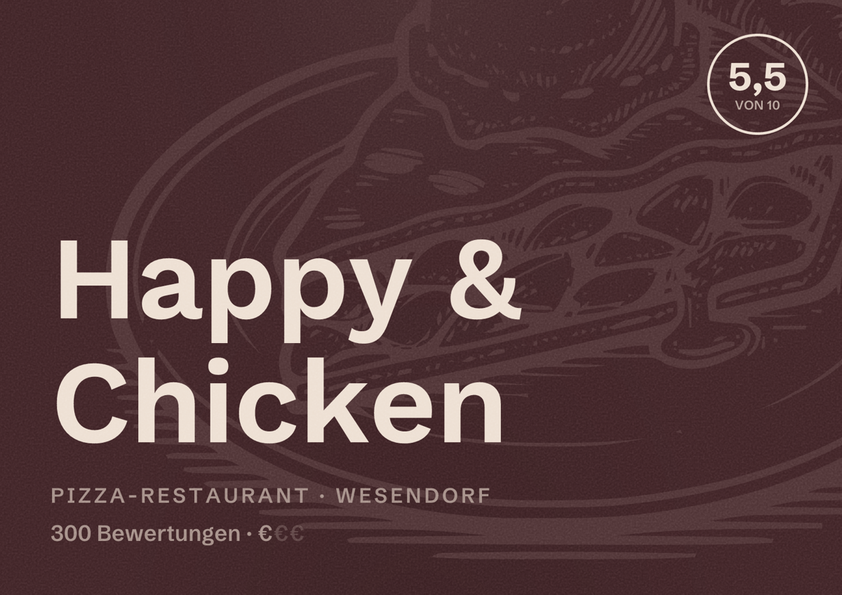 Illustriertes Poster von Happy & Chicken, Pizza-Restaurant in Wesendorf: Bewertung 5,5 von 10 aus 300 Bewertungen, Preisniveau €