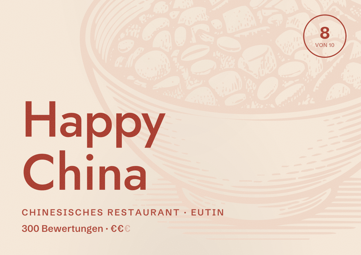 Illustriertes Poster von Happy China, Chinesisches Restaurant in Eutin: Bewertung 8 von 10 aus 300 Bewertungen, Preisniveau €€