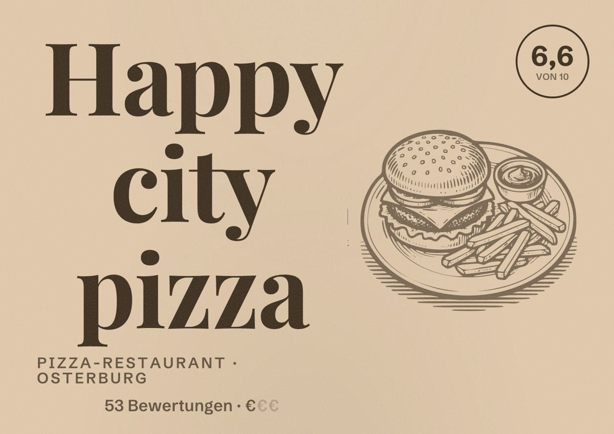 Illustriertes Poster von Happy city pizza, Pizza-Restaurant in Osterburg: Bewertung 6,6 von 10 aus 53 Bewertungen, Preisniveau €