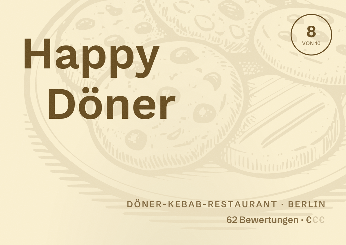 Illustriertes Poster von Happy Döner, Döner-Kebab-Restaurant in Berlin: Bewertung 8,0 von 10 aus 62 Bewertungen, Preisniveau €