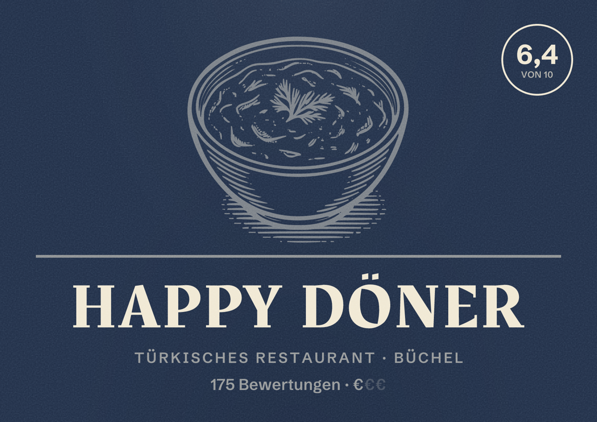 Illustriertes Poster von Happy Döner, Türkisches Restaurant in Büchel: Bewertung 6,4 von 10 aus 175 Bewertungen, Preisniveau €