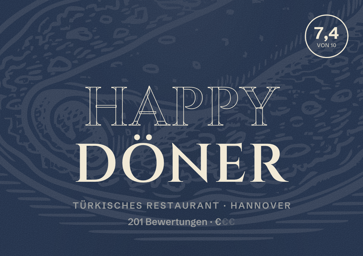 Illustriertes Poster von Happy Döner, Türkisches Restaurant in Hannover: Bewertung 7,4 von 10 aus 201 Bewertungen, Preisniveau €