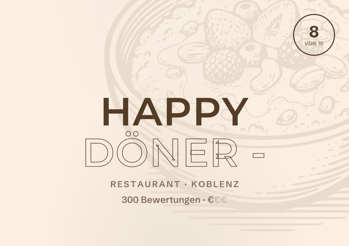 Illustriertes Poster von Happy Döner -, Restaurant in Koblenz: Bewertung 8 von 10 aus 300 Bewertungen, Preisniveau €
