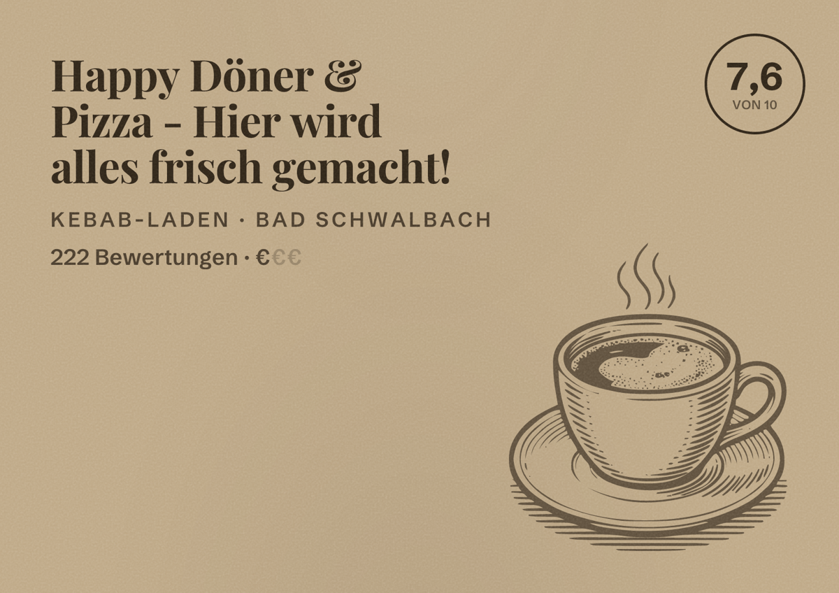 Illustriertes Poster von Happy Döner & Pizza - Hier wird alles frisch gemacht!, Kebab-Laden in Bad Schwalbach: Bewertung 7,6 von 10 aus 222 Bewertungen, Preisniveau €