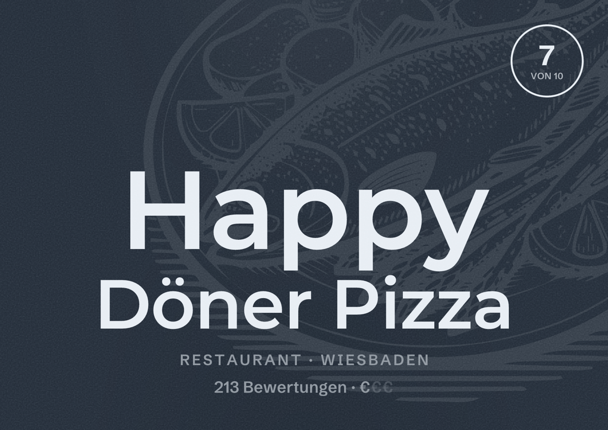 Illustriertes Poster von Happy Döner Pizza, Restaurant in Wiesbaden: Bewertung 7,0 von 10 aus 213 Bewertungen, Preisniveau €
