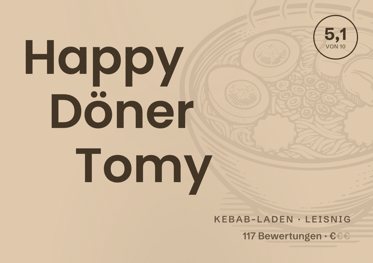 Illustriertes Poster von Happy Döner Tomy, Kebab-Laden in Leisnig: Bewertung 5,1 von 10 aus 117 Bewertungen, Preisniveau €