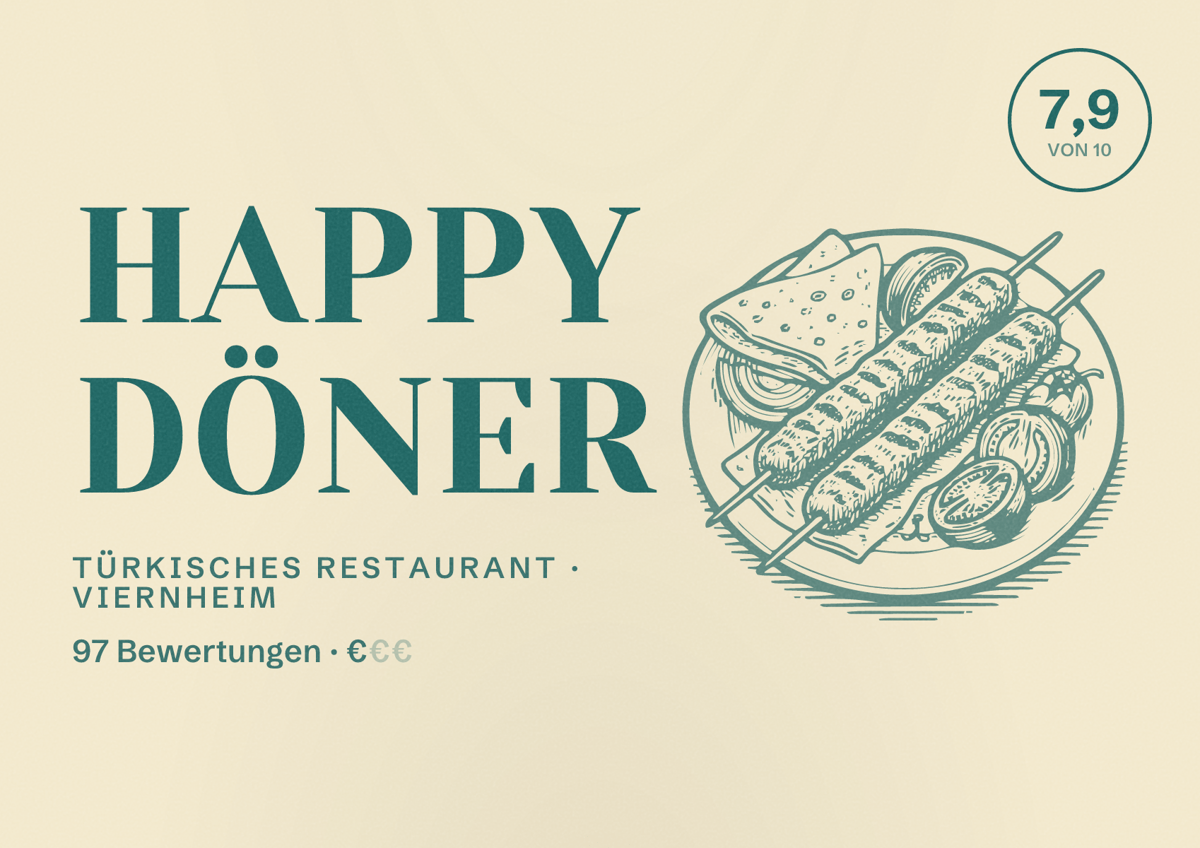 Illustriertes Poster von Happy Döner, Türkisches Restaurant in Viernheim: Bewertung 7,9 von 10 aus 97 Bewertungen, Preisniveau €