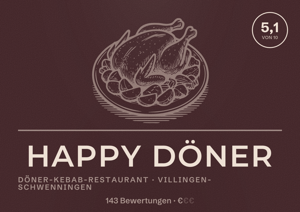 Illustriertes Poster von Happy Döner, Döner-Kebab-Restaurant in Villingen-Schwenningen: Bewertung 5,1 von 10 aus 143 Bewertungen, Preisniveau €