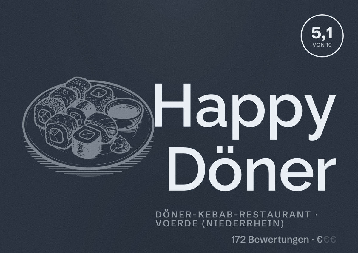 Illustriertes Poster von Happy Döner, Döner-Kebab-Restaurant in Voerde (Niederrhein): Bewertung 5,1 von 10 aus 172 Bewertungen, Preisniveau €