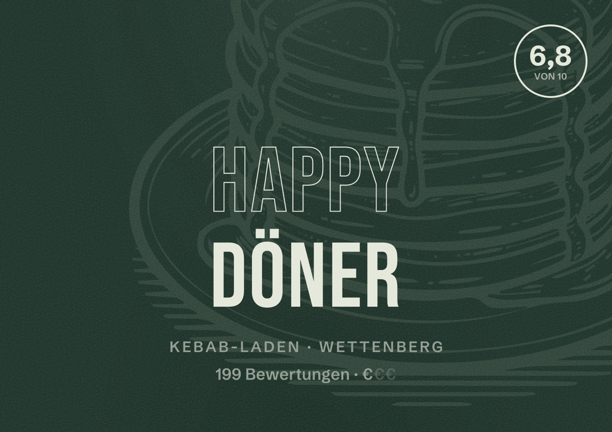 Illustriertes Poster von Happy Döner, Kebab-Laden in Wettenberg: Bewertung 6,8 von 10 aus 199 Bewertungen, Preisniveau €