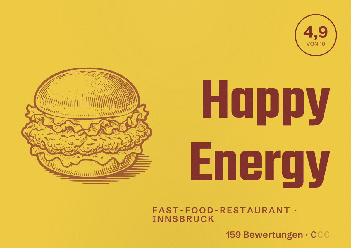 Illustriertes Poster von Happy Energy, Fast-Food-Restaurant in Innsbruck: Bewertung 4,9 von 10 aus 159 Bewertungen, Preisniveau €