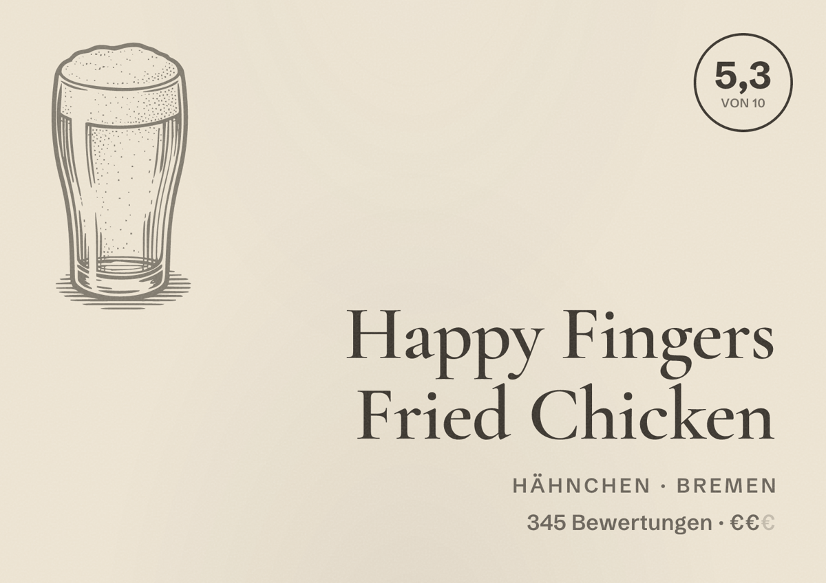 Illustriertes Poster von Happy Fingers Fried Chicken, Hähnchen in Bremen: Bewertung 5,3 von 10 aus 345 Bewertungen, Preisniveau €€