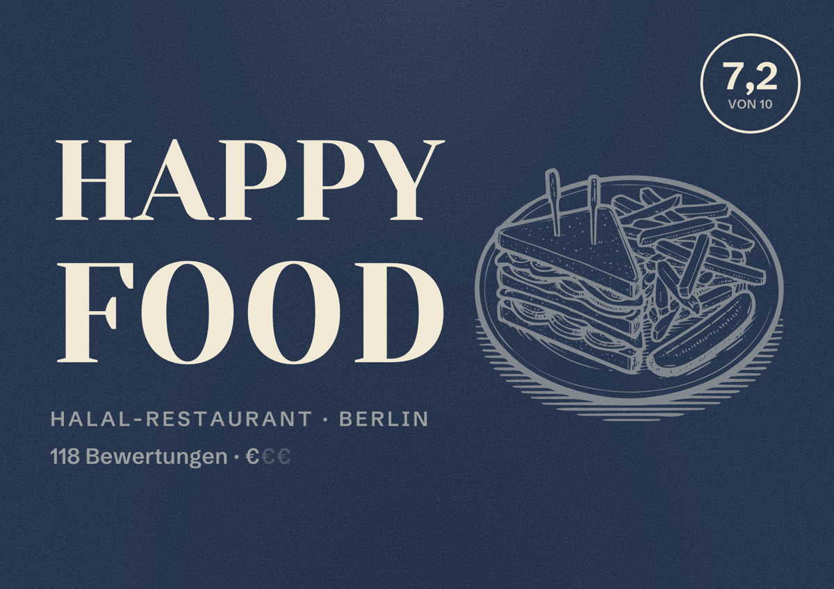 Illustriertes Poster von Happy Food, Halal-Restaurant in Berlin: Bewertung 7,2 von 10 aus 118 Bewertungen, Preisniveau €