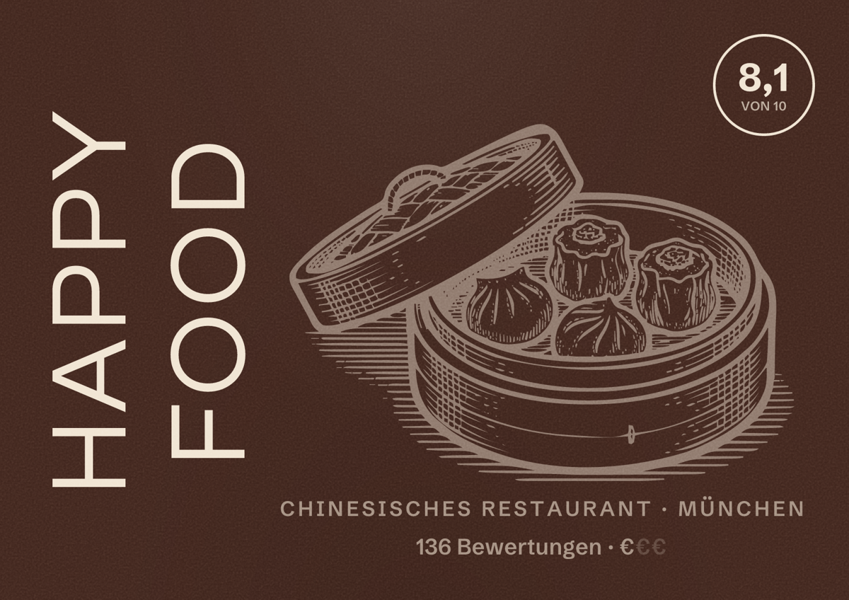 Illustriertes Poster von Happy Food, Chinesisches Restaurant in München: Bewertung 8,1 von 10 aus 136 Bewertungen, Preisniveau €