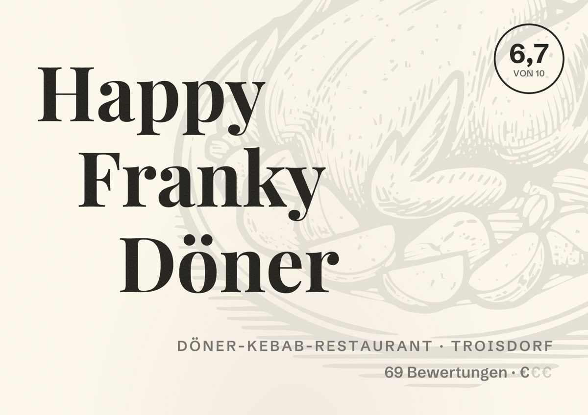 Illustriertes Poster von Happy Franky Döner, Döner-Kebab-Restaurant in Troisdorf: Bewertung 6,7 von 10 aus 69 Bewertungen, Preisniveau €