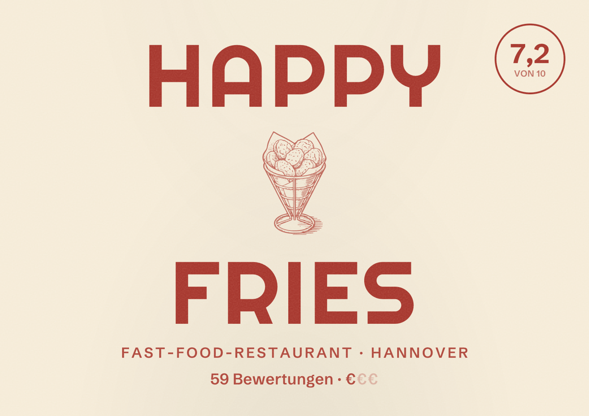 Illustriertes Poster von Happy Fries, Fast-Food-Restaurant in Hannover: Bewertung 7,2 von 10 aus 59 Bewertungen, Preisniveau €