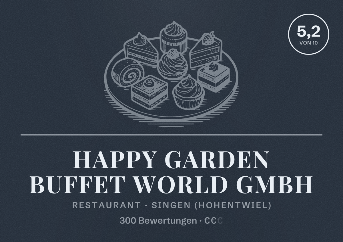 Illustriertes Poster von Happy Garden Buffet World GmbH, Restaurant in Singen (Hohentwiel): Bewertung 5,2 von 10 aus 300 Bewertungen, Preisniveau €€