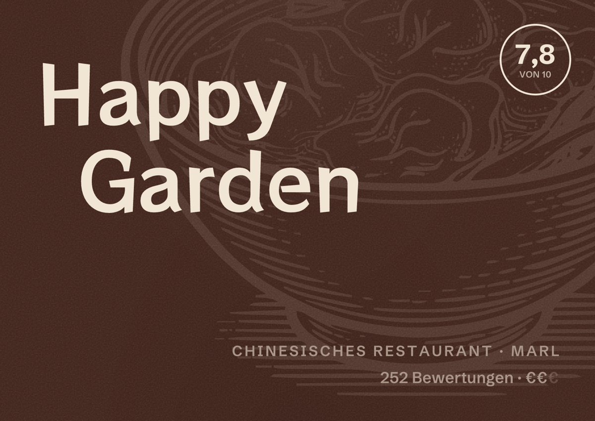 Illustriertes Poster von Happy Garden, Chinesisches Restaurant in Marl: Bewertung 7,8 von 10 aus 252 Bewertungen, Preisniveau €€
