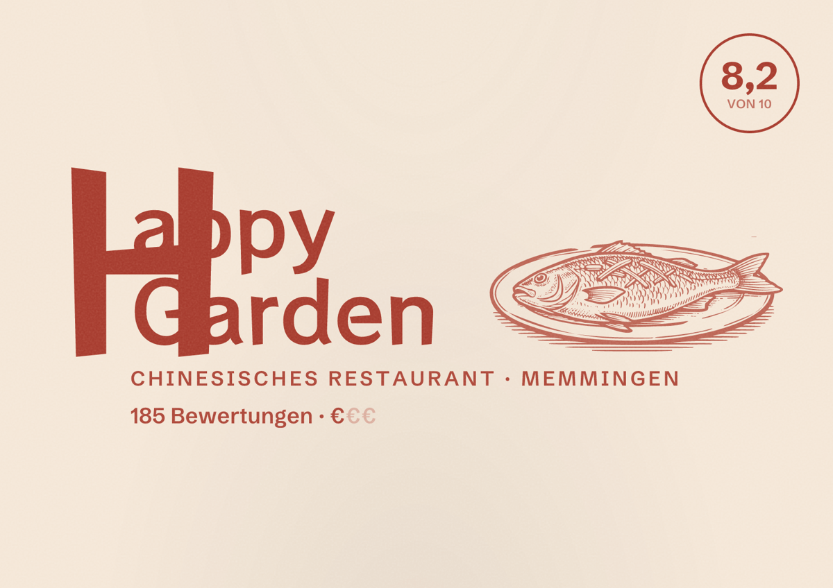 Illustriertes Poster von Happy Garden, Chinesisches Restaurant in Memmingen: Bewertung 8,2 von 10 aus 185 Bewertungen, Preisniveau €