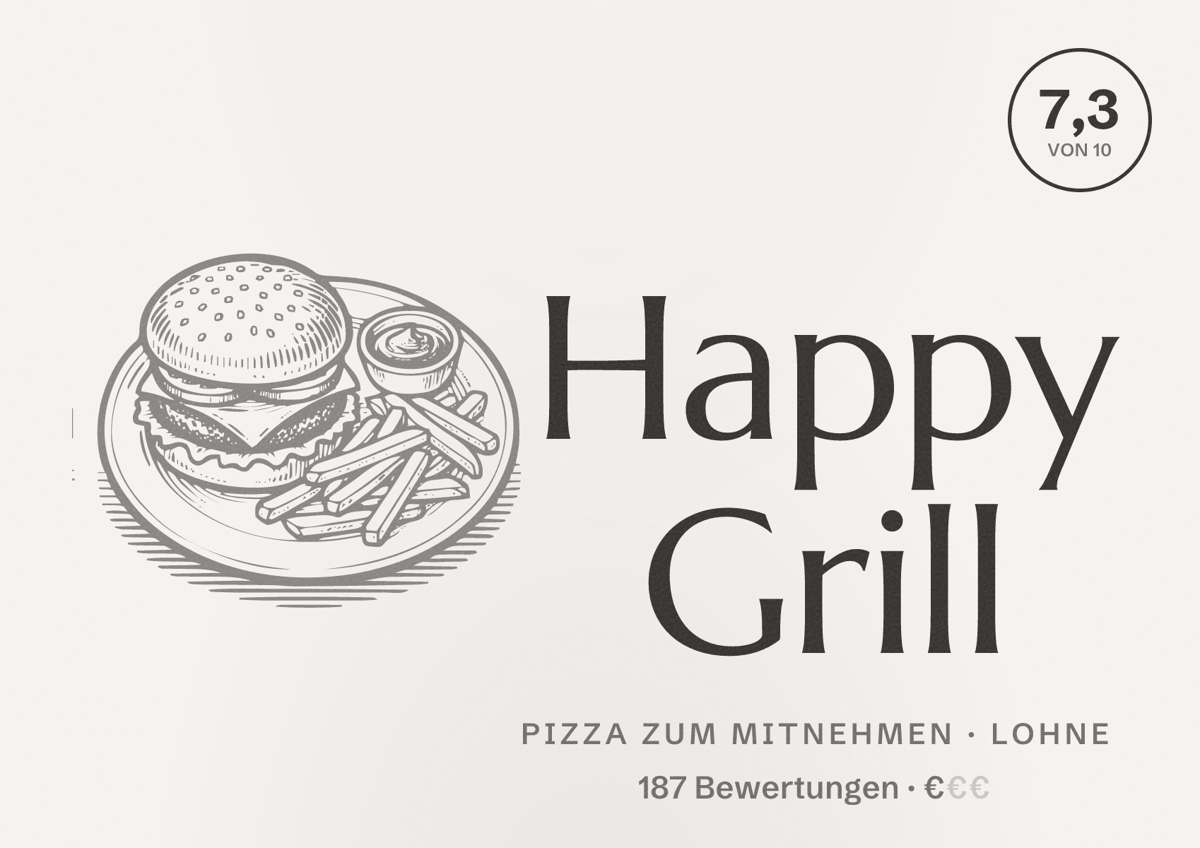 Illustriertes Poster von Happy Grill, Pizza zum Mitnehmen in Lohne: Bewertung 7,3 von 10 aus 187 Bewertungen, Preisniveau €