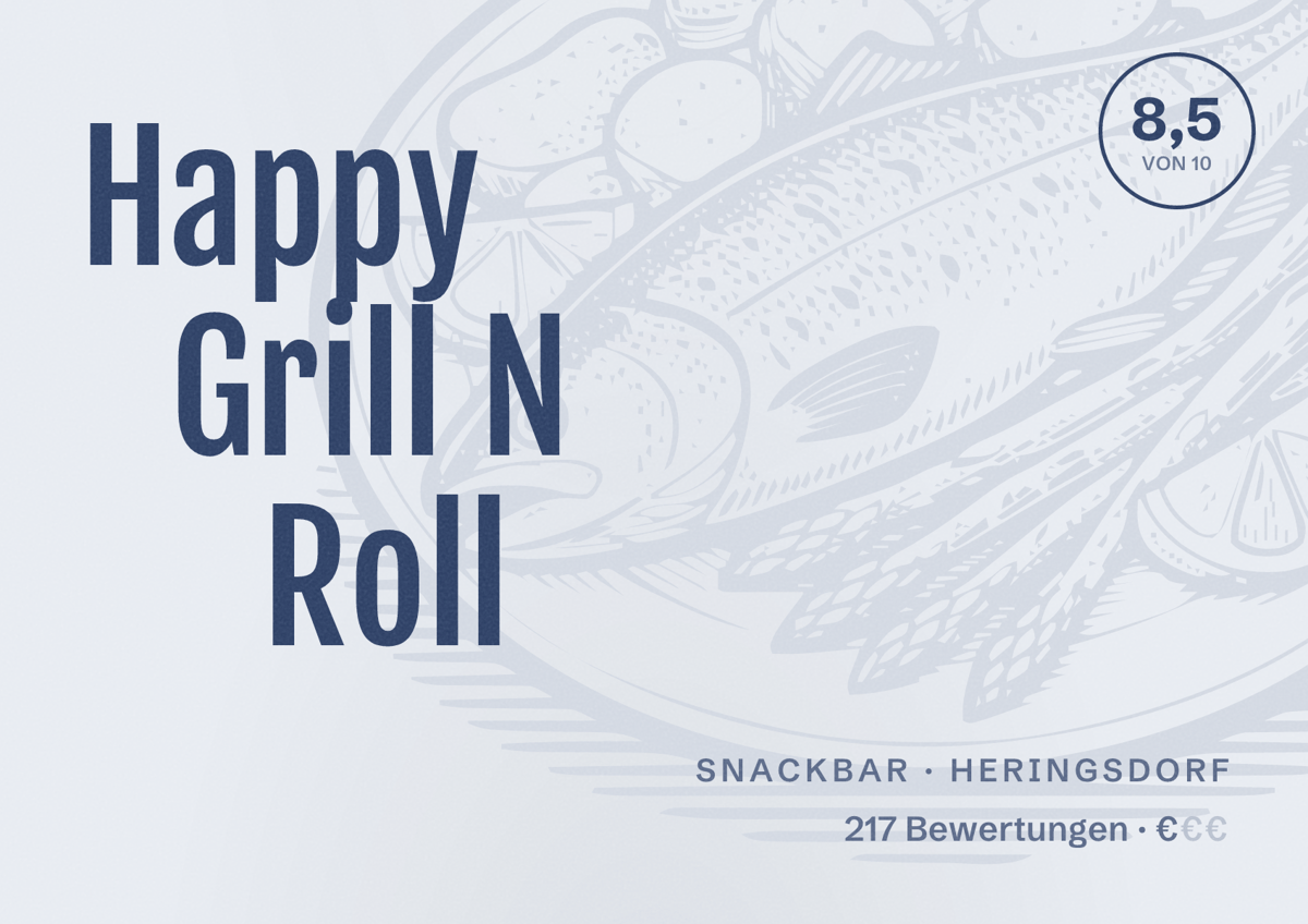 Illustriertes Poster von Happy Grill N Roll, Snackbar in Heringsdorf: Bewertung 8,5 von 10 aus 217 Bewertungen, Preisniveau €