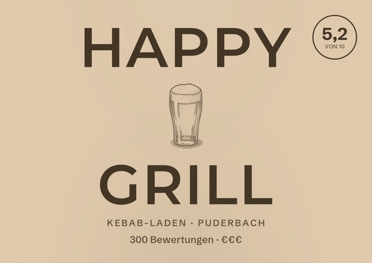 Illustriertes Poster von Happy Grill, Kebab-Laden in Puderbach: Bewertung 5,2 von 10 aus 300 Bewertungen, Preisniveau €€€