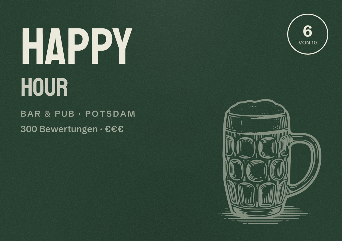 Illustriertes Poster von Happy Hour, Bar & Pub in Potsdam: Bewertung 6 von 10 aus 300 Bewertungen, Preisniveau €€€