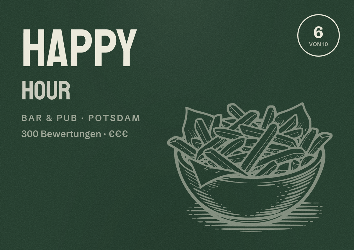 Illustriertes Poster von Happy Hour, Bar & Pub in Potsdam: Bewertung 6 von 10 aus 300 Bewertungen, Preisniveau €€€
