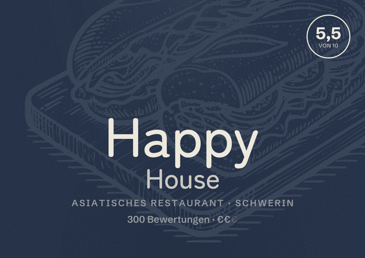 Illustriertes Poster von Happy House, Asiatisches Restaurant in Schwerin: Bewertung 5,5 von 10 aus 300 Bewertungen, Preisniveau €€