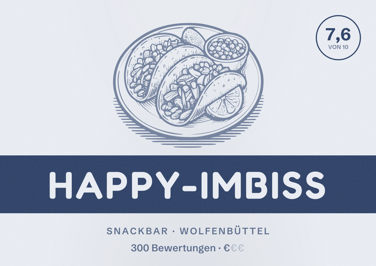 Illustriertes Poster von Happy-Imbiß, Snackbar in Wolfenbüttel: Bewertung 7,6 von 10 aus 300 Bewertungen, Preisniveau €