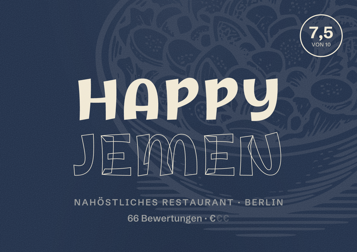 Illustriertes Poster von Happy Jemen, Nahöstliches Restaurant in Berlin: Bewertung 7,5 von 10 aus 66 Bewertungen, Preisniveau €
