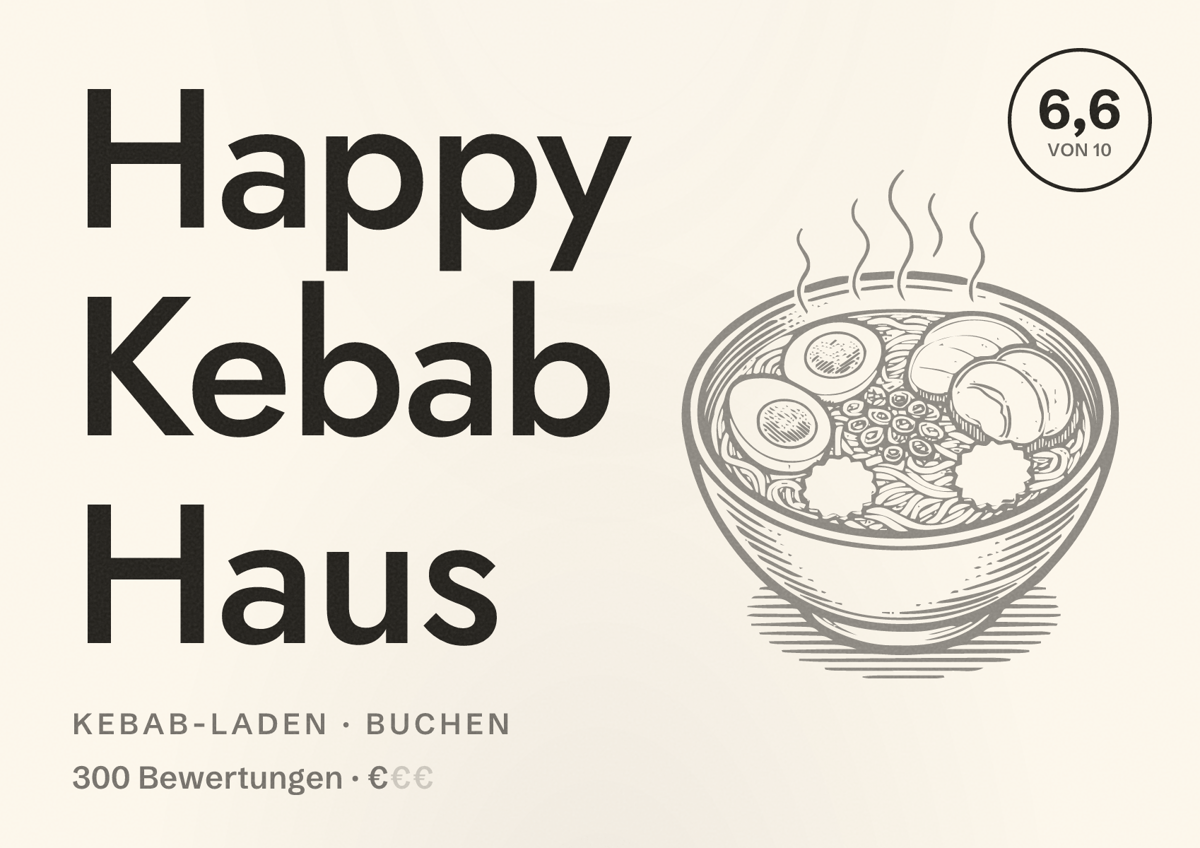 Illustriertes Poster von Happy Kebab Haus, Kebab-Laden in Buchen: Bewertung 6,6 von 10 aus 300 Bewertungen, Preisniveau €