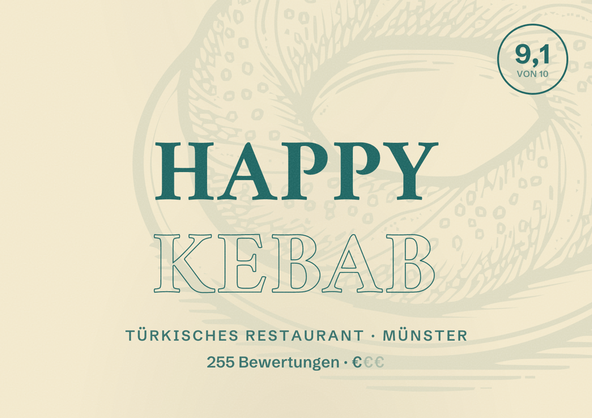 Illustriertes Poster von HAPPY KEBAB, Türkisches Restaurant in Münster: Bewertung 9,1 von 10 aus 255 Bewertungen, Preisniveau €