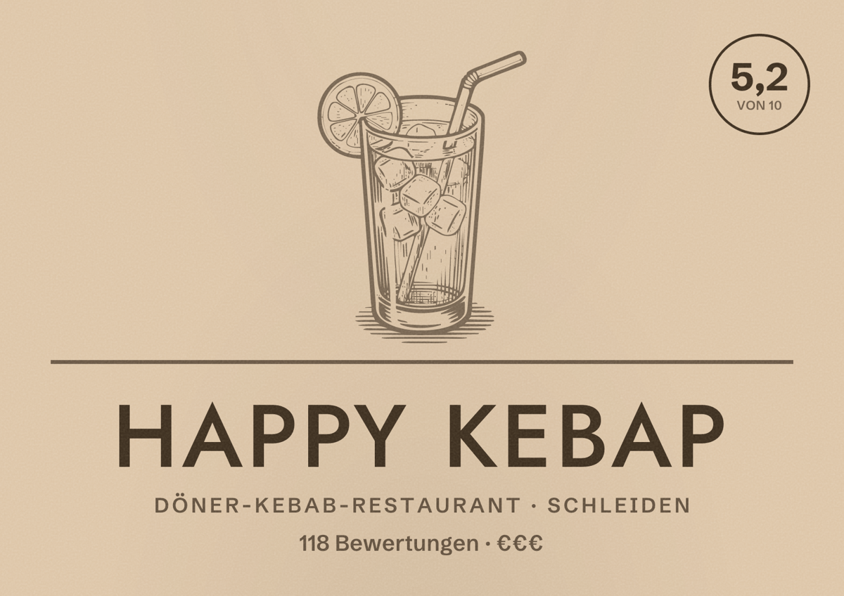 Illustriertes Poster von Happy Kebap, Döner-Kebab-Restaurant in Schleiden: Bewertung 5,2 von 10 aus 118 Bewertungen, Preisniveau €€€