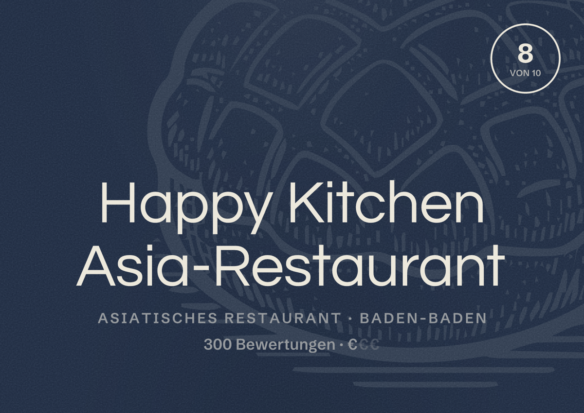 Illustriertes Poster von Happy Kitchen Asia-Restaurant, Asiatisches Restaurant in Baden-Baden: Bewertung 8 von 10 aus 300 Bewertungen, Preisniveau €