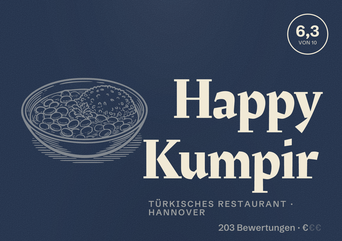 Illustriertes Poster von Happy Kumpir, Türkisches Restaurant in Hannover: Bewertung 6,3 von 10 aus 203 Bewertungen, Preisniveau €