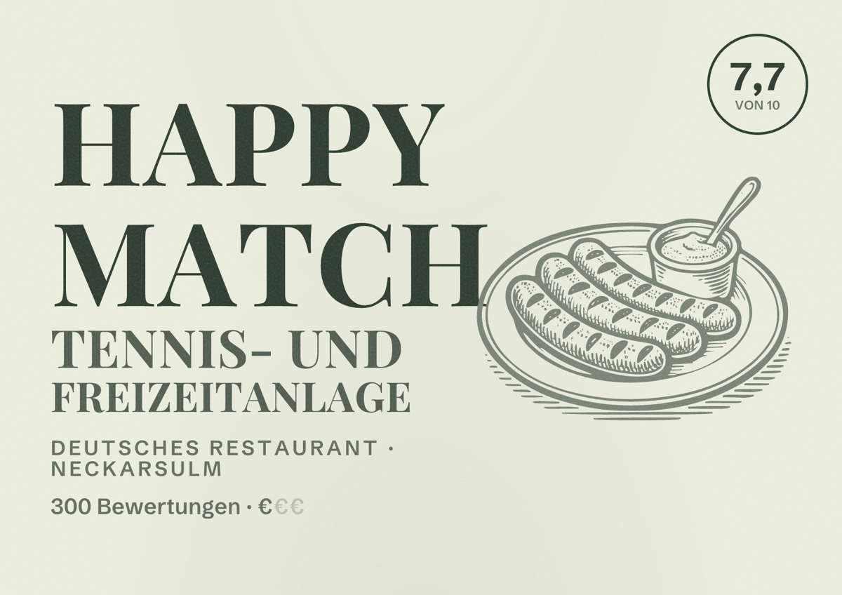 Illustriertes Poster von HAPPY MATCH Tennis- und Freizeitanlage, Deutsches Restaurant in Neckarsulm: Bewertung 7,7 von 10 aus 300 Bewertungen, Preisniveau €