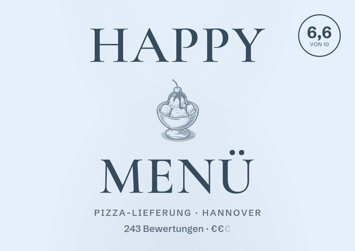 Illustriertes Poster von Happy Menü, Pizza-Lieferung in Hannover: Bewertung 6,6 von 10 aus 243 Bewertungen, Preisniveau €€