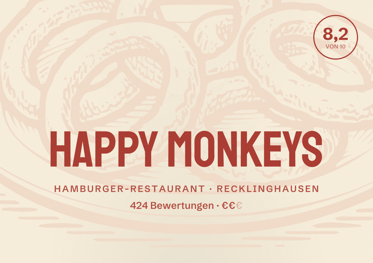 Illustriertes Poster von Happy Monkeys, Hamburger-Restaurant in Recklinghausen: Bewertung 8,2 von 10 aus 424 Bewertungen, Preisniveau €€