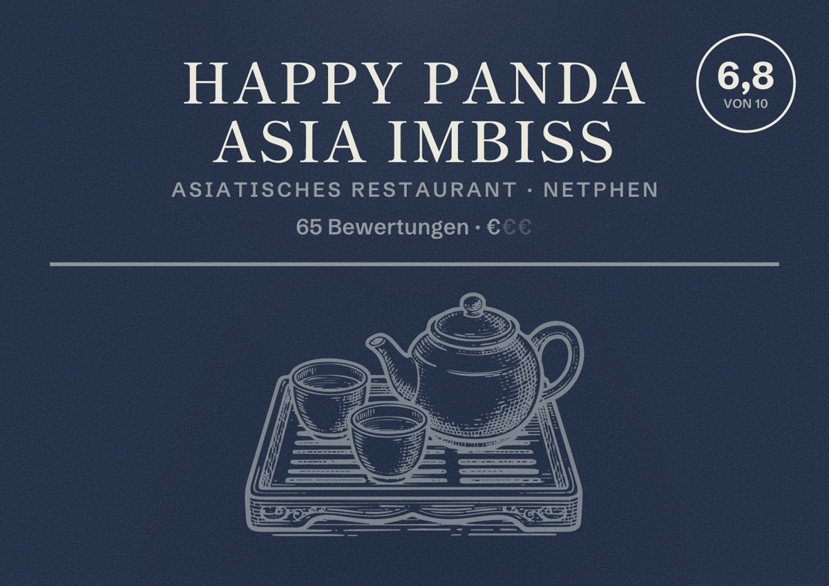 Illustriertes Poster von Happy Panda Asia Imbiss, Asiatisches Restaurant in Netphen: Bewertung 6,8 von 10 aus 65 Bewertungen, Preisniveau €