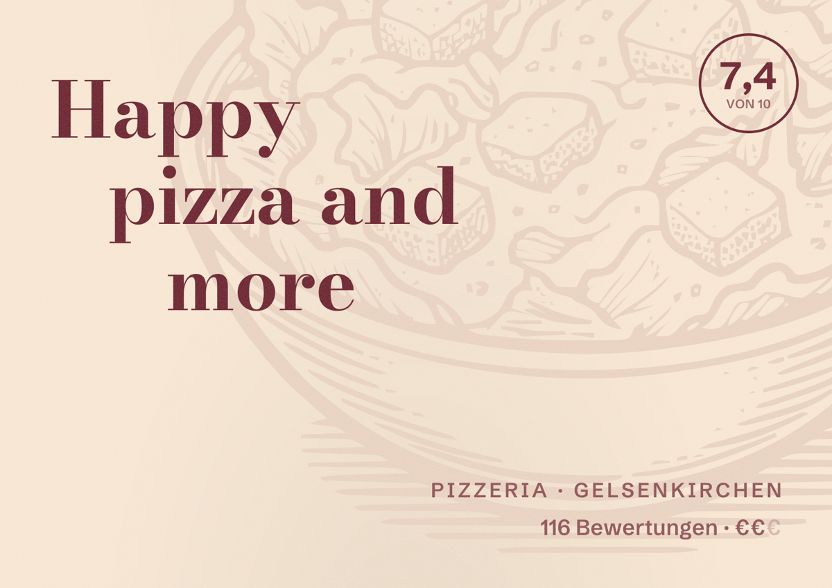 Illustriertes Poster von Happy pizza and more, Pizzeria in Gelsenkirchen: Bewertung 7,4 von 10 aus 116 Bewertungen, Preisniveau €€