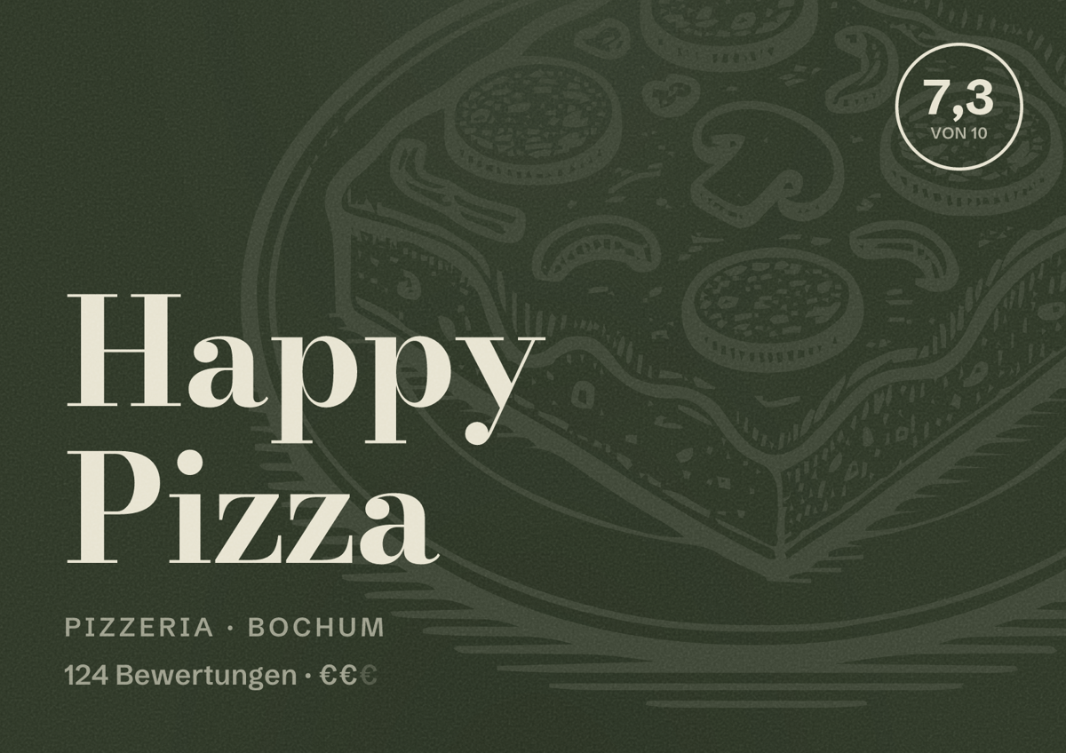 Illustriertes Poster von Happy Pizza, Pizzeria in Bochum: Gästebewertung 7,3 von 10 aus 124 Bewertungen